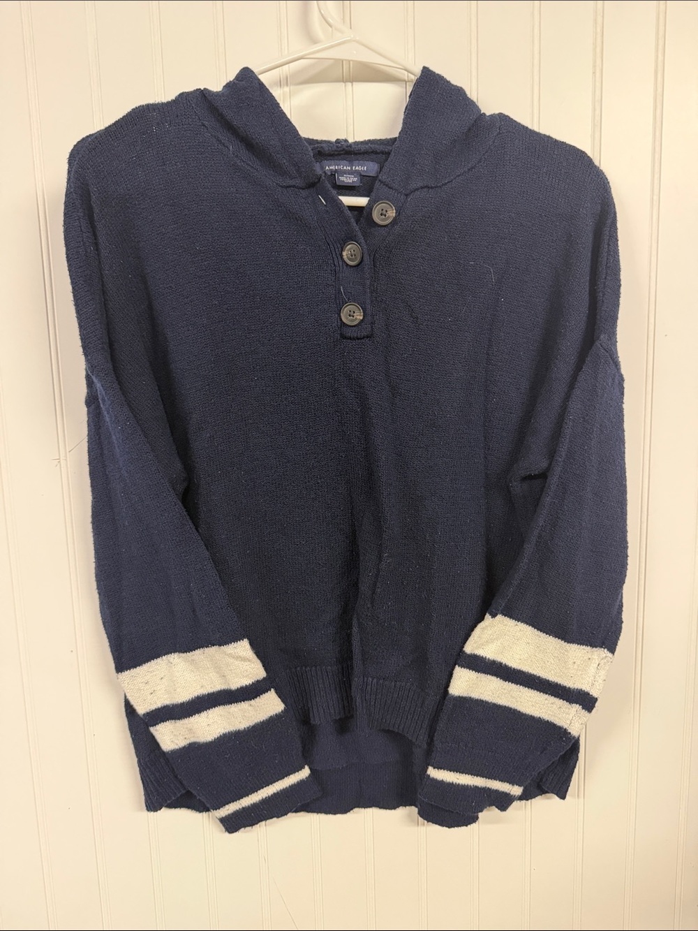 American Eagle Outfitters Navy V-Neck Hooded Sweater with Ivory Stripe Cuffs